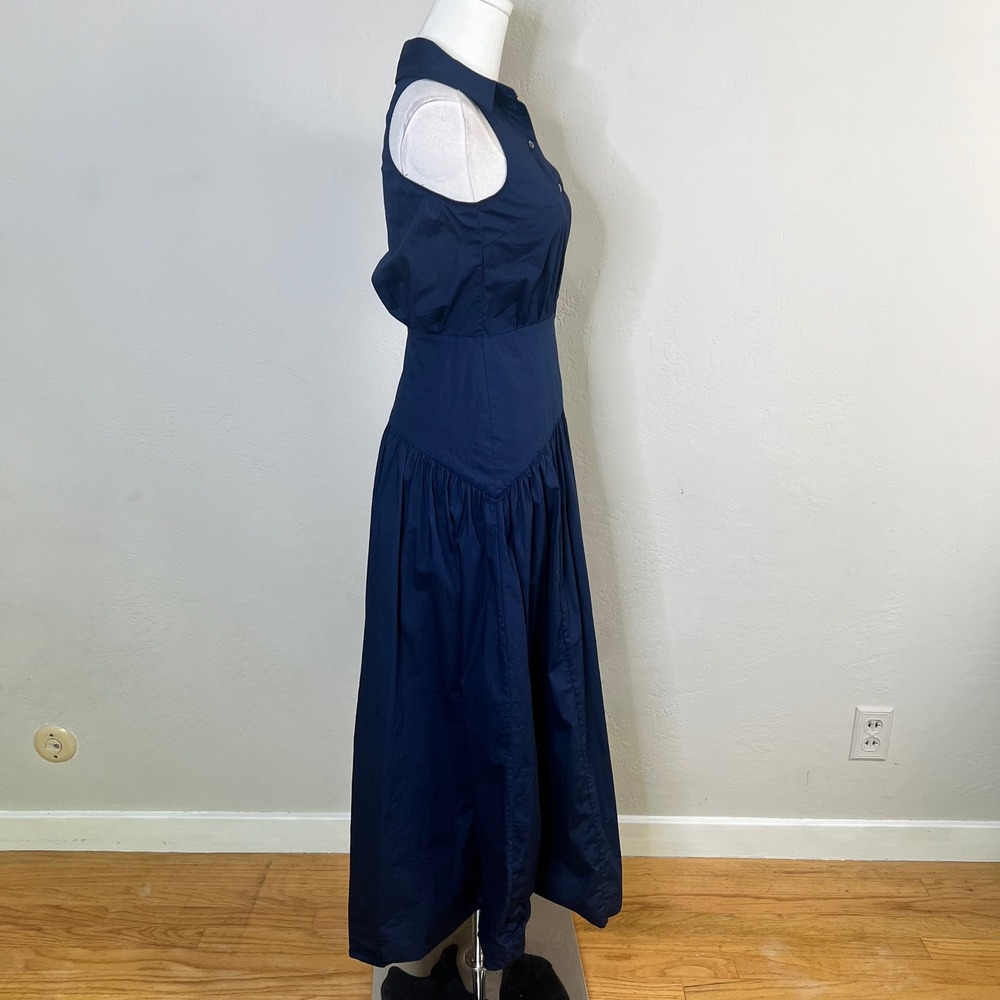 STAUD Romy Dress Navy Blue Sleeveless Cotton Poplin Drop Waist Maxi Size 00 - Picture 3 of 10